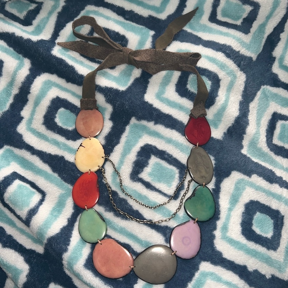 Anthropologie Tauga Assorted Leather Tie Metal Chain Long Bib Necklace